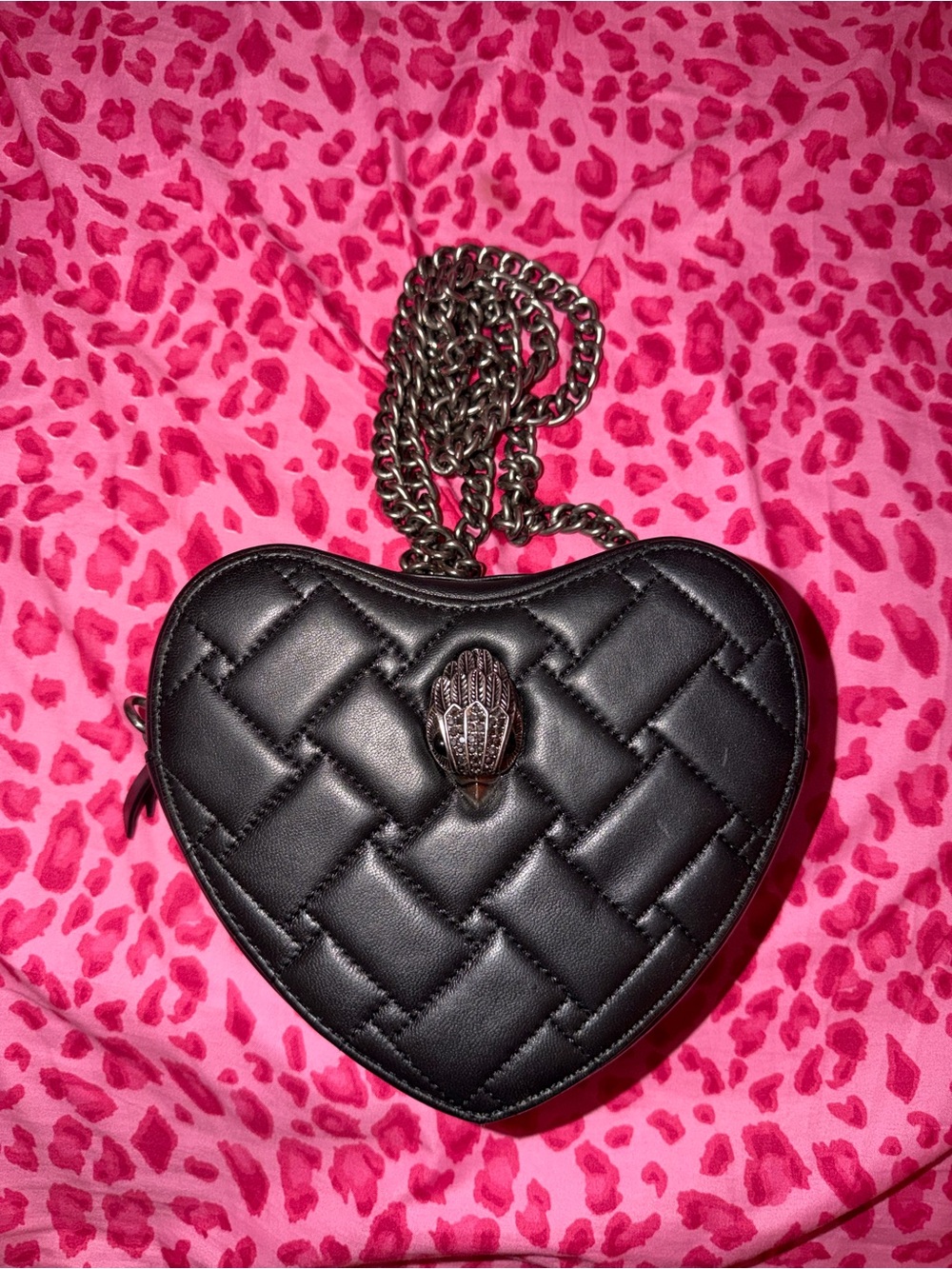 Kurt Geiger Black Quilted Heart Crossbody with Gunmetal Chain
